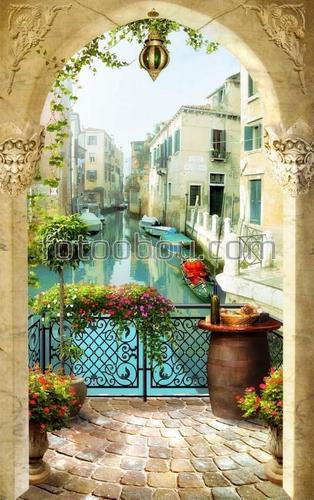 вид, Венеция, вода, корабли, арка, вазы, цветы