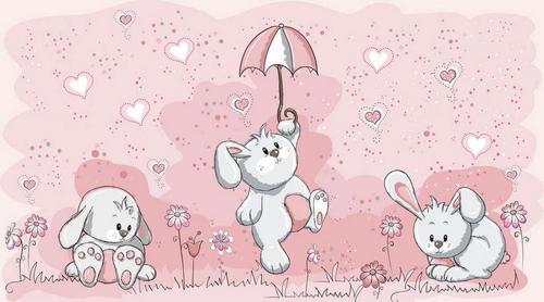 зайчики, сердечки, зонтик, цветы, розовый