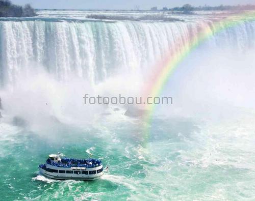 водопад, радуга, природа, лодка