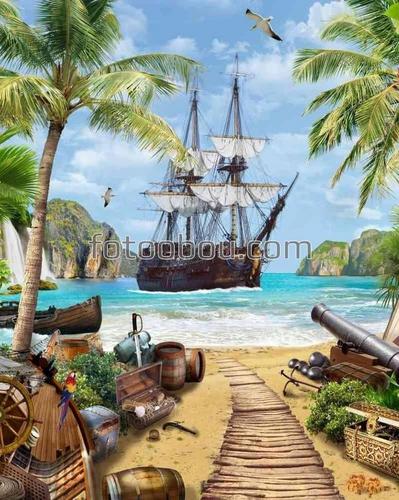 корабль, пальмы, море, песок, птицы, чайки, пушки, ядра, сундуки, водопад, горы, бочки, небо, облака, попугай, лодка