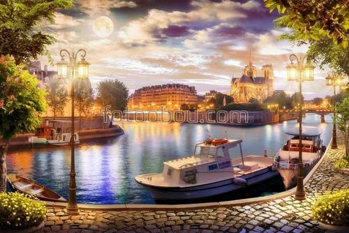 венеция, яхта, лодка, ночь, набережная, гавань, город