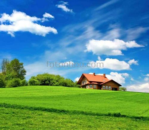 природа, домик, поле, небо, облака