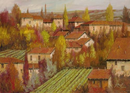 живопись, осень, город, поля