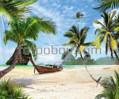 лето, корабль, пальмы, пляж, песок, тропики