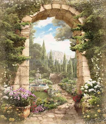 арка ,фонтан ,небо ,облака ,цветы ,дорога ,лестница , деревья ,листья 