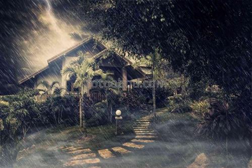 дом, ливень, погода, дождь, природа