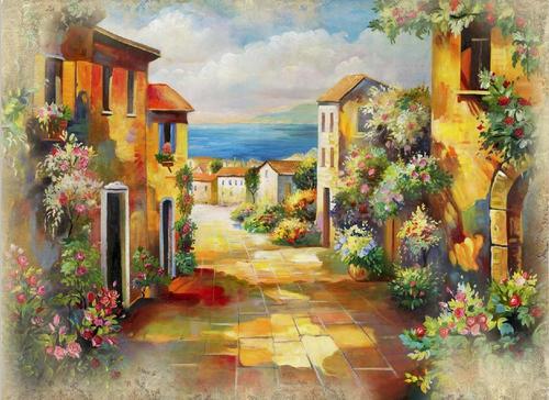 улица, город, море, облака, розы, цветы