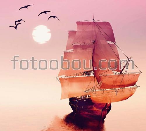 корабль, чайки, море, парусник, 