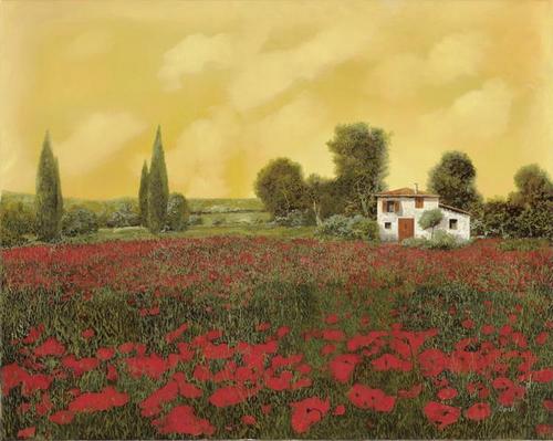 хижина, поле, маки, природа, цветы, небо