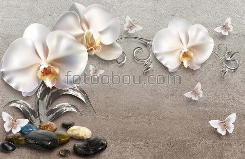 Орхидеи, камни, бабочки