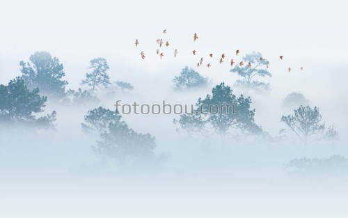 лес, туман, птицы, деревья, арт