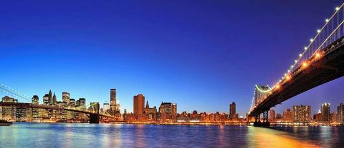 мост, вода, город, небоскребы, огни, небо, синий