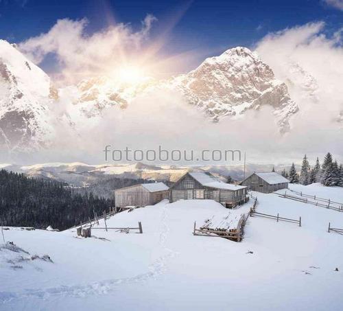 природа, деревня, домик, зима, снег, горы