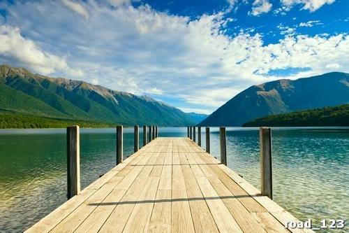 причал, деревянный, море, горы, небо, облака