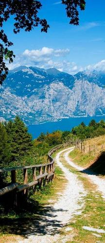 дорога, трава, забор, деревья,озеро, горы, небо, облака