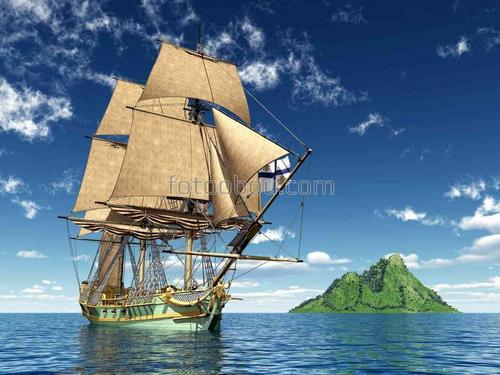 корвет, корабль, парусник, море, остров, небо, облака