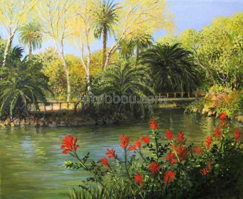 пруд, пальмы, деревья, небо