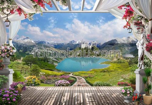 горы, озеро, терраса, цветы, тропинка, замок