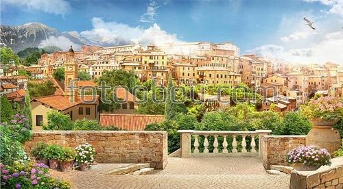 набережная ,дома ,горы ,птица ,розовые цветы ,облака