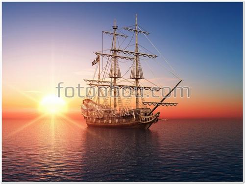 корабль, вода, закат, солнц, парус, мачта, небо