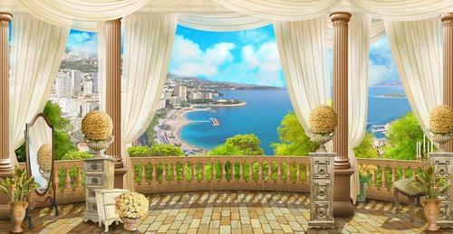 колонны, терраса, вид из окна, природа, море