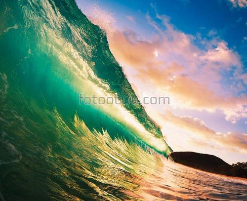 океан, волна, небо, закат