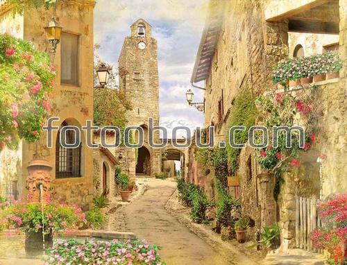 старый город, цветы, улица, фонтан