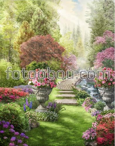 аллея, парк, река, цветы, мостик