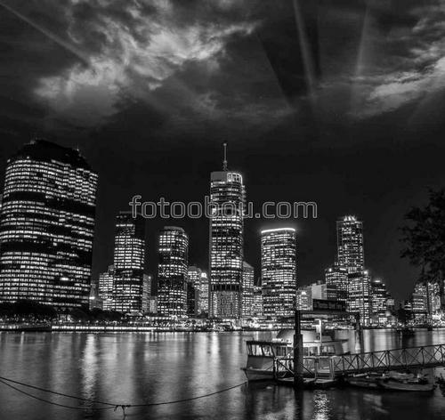 город, ночь, огни, небоскребы, набережная