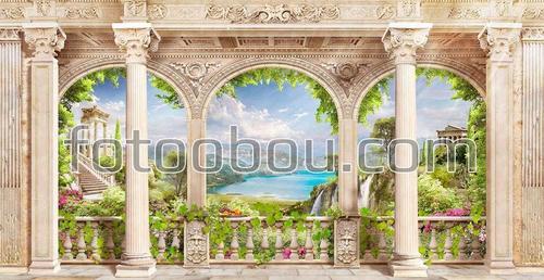 арки, колонны, терраса, озеро, горы, архитектура, цветы