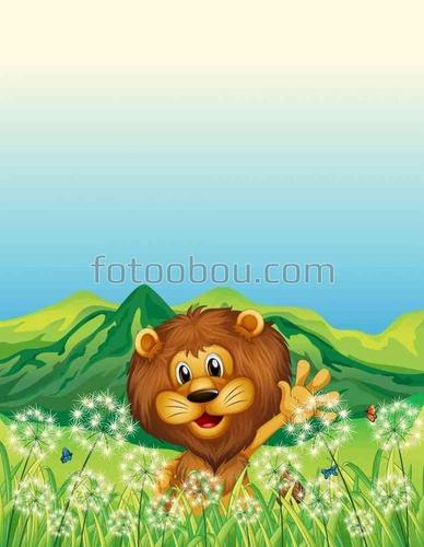 животные, лев, одуванчики, горы, бабочки, природа