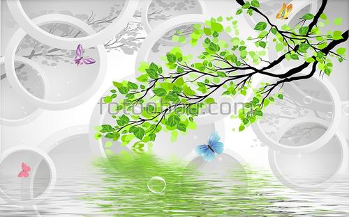 кольца, ветка, дерево, бабочки, вода, 3Д, расширяющие пространство, береза