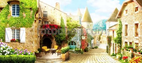 домики, улочка, деревья, цветы, небо, архитектура, окна, двери