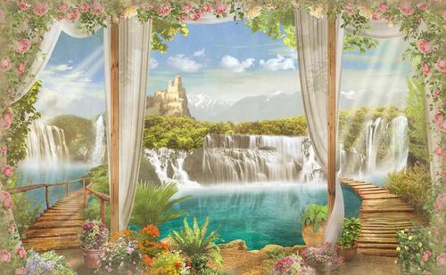 замок, водопады, озеро, горы, терраса, природа