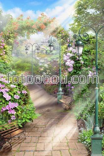 сад, парк, алея, цветы, фонарный столб, лавочки