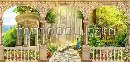 арки, беседка, павлин, тропинка, лес, цветы