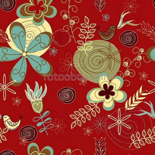 цветы, абстракция, рисунок, цветы, птицы