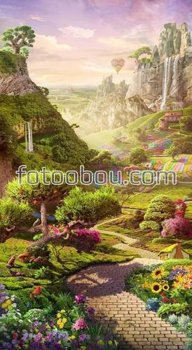 природа, водопад, горы, тропа, цветы