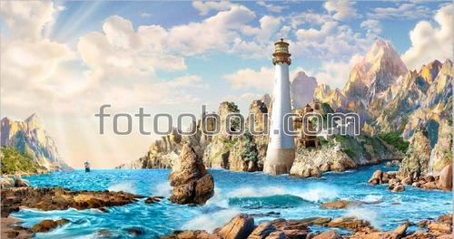 горы, небо, облака, маяк, море, скалы