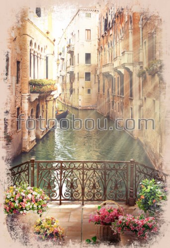 венеция, балкон, цветы, река, лодка, дома, небо