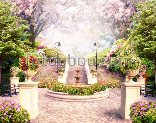 сад, деревья, фонтан, лестница, алле , цветы