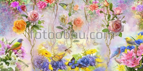 сад, розы, цветы, птицы, стрекоза, бабочки, 3д, 3d, на стену, стена, фреска, дизайнерские