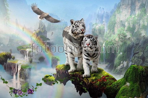 белые тигры, планета, сокол, ястреб, водопады, горы, скалы, 3д, 3d, дизайнерские, на стену, стена