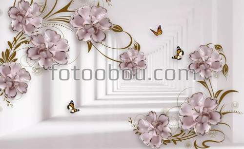 коридор, фарфоровые цветы, стереоскопические, 3д, 3d, на стену, стена