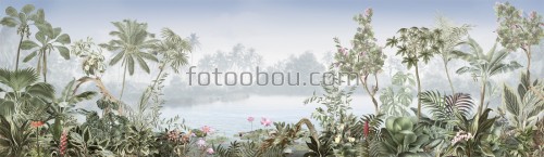 джунгли, туман, озеро, деревья, пальмы, трава