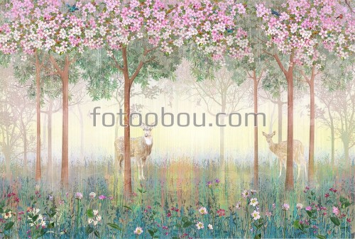 олени, цветы, лес, деревья