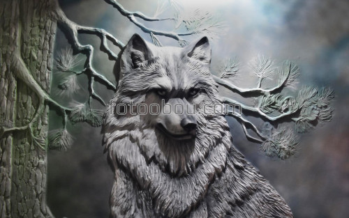 Волк, 3д волк, сосна, лес, лепнина 