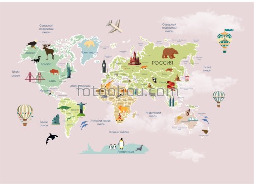 Детская карта, животные, достопримечательности, страны