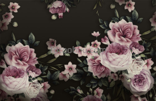 3д цветы, на стену, розы, пионы, темные