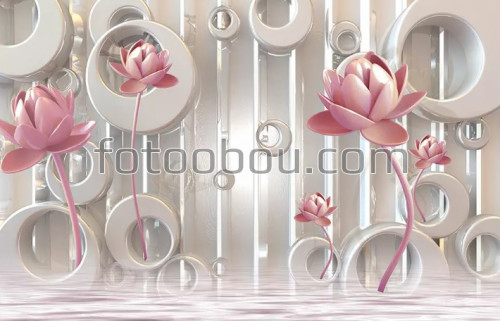 розовые лилии, круги, 3д, 3d, на стену, стена, дизайнерские